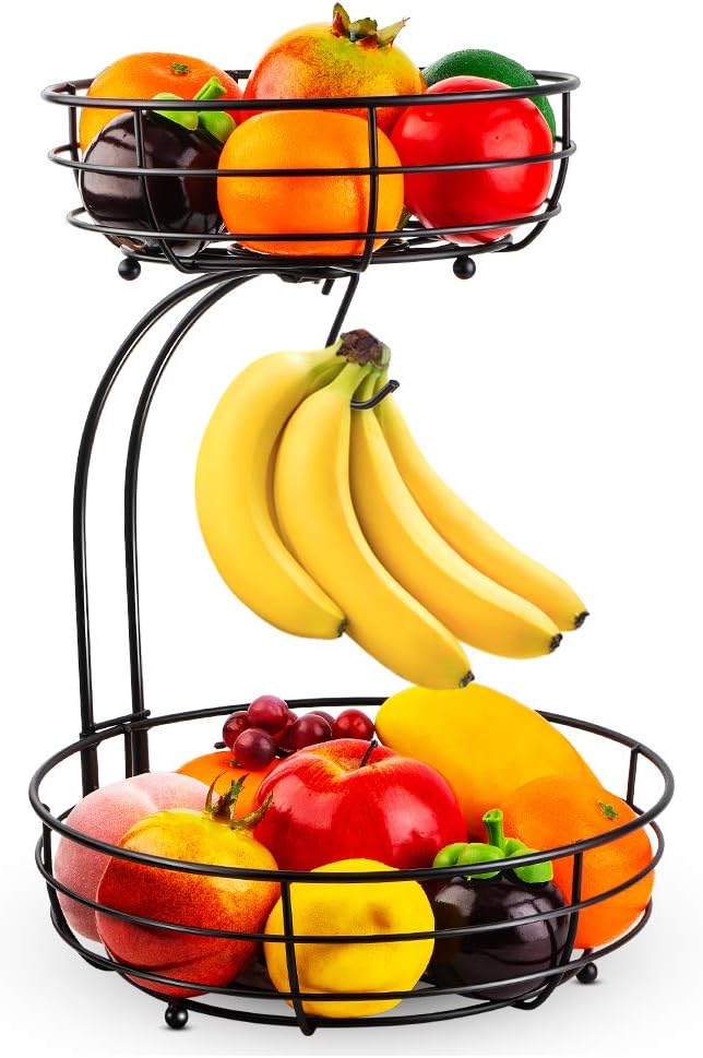 Iron 2-Tier Countertop Fruit Vegetables Basket Bowl Storage With Banana Hanger, Black, 64 ounces