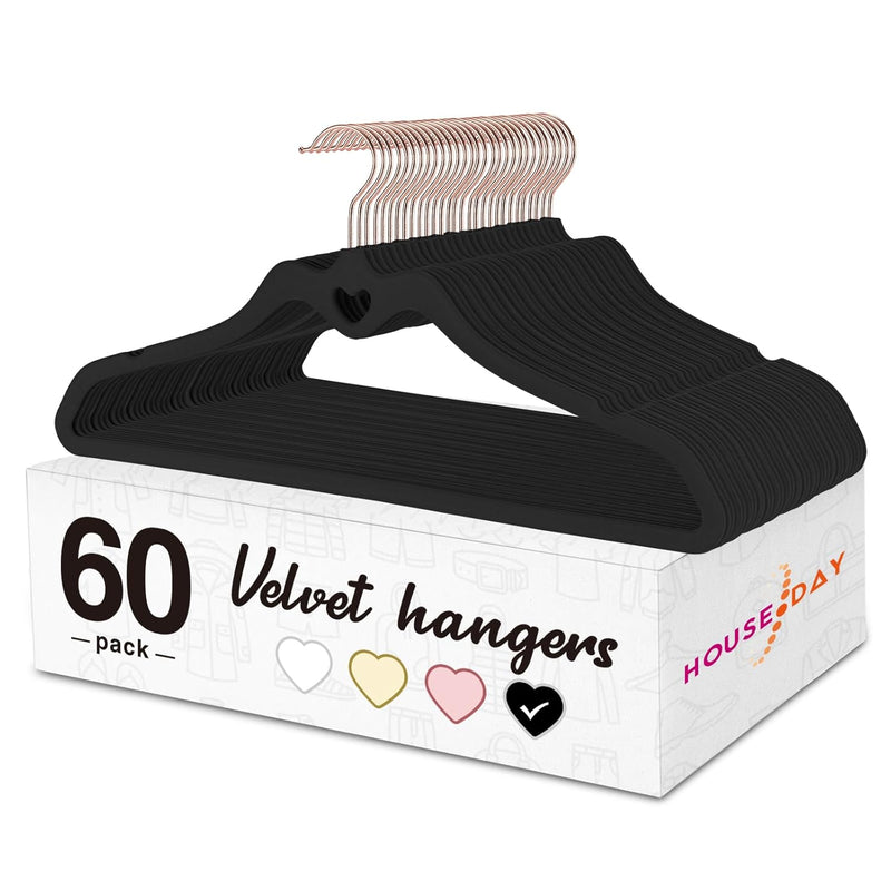 Black Velvet Hangers 60 Pack, Non Slip Flocked Felt Hangers, Sturdy Velvet Cloth