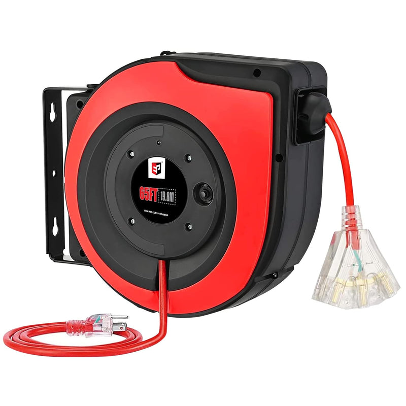 Retractable Extension Cord Reel,65 Feet 12 Awg/3C Sjtow Heavy Duty Power Cord,