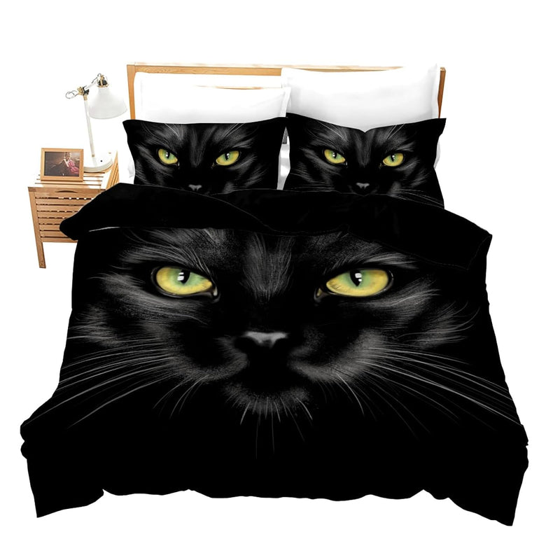 Animal Duvet Cover Queen Size Pet Cat Comforter Set Black Cat With Yellow Eyes