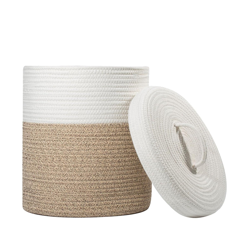 Lidded Storage Basket, Medium Cotton Rope Basket With Lid, Small Round Storage B