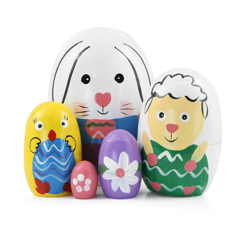 Cute Rabbit Nesting Doll Set Of 5 Egg Shape Easter Bunny Sheep Chick Flower Ru