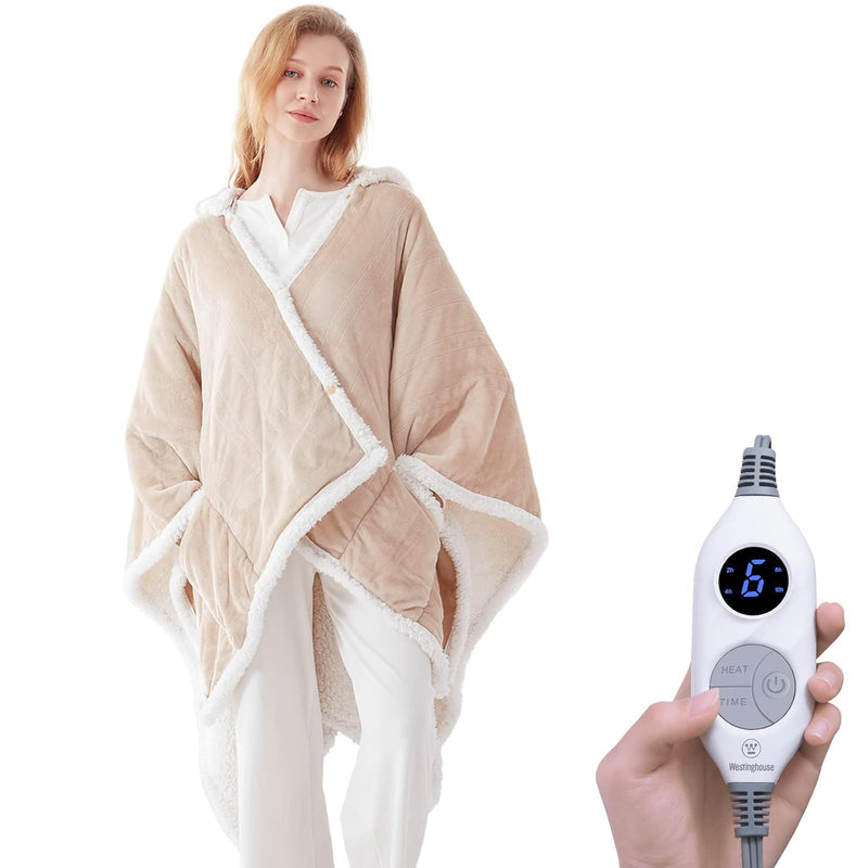 Wearable Heated Throw Blanket, Electric Heated Wrap Poncho Shawl With Pockets,