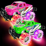 Pink And Green Light Up Monster Truck Set For Boys And Girls, Set Includes 2, 6 Inch Monster Trucks With Beautiful Flashing Led Tires, Push N Go Toy Cars, Best Gift For Kids, For Ages 3+
