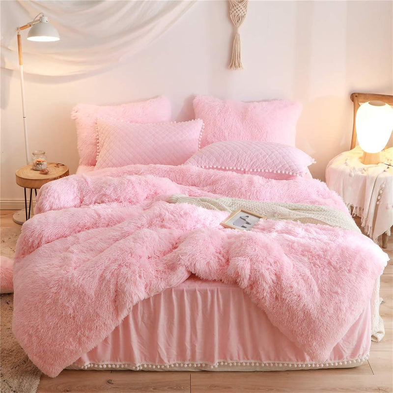 Luxury Plush Shaggy Duvet Cover Flannel Velvet Bedding (1 Faux Fur +2 Pillowca