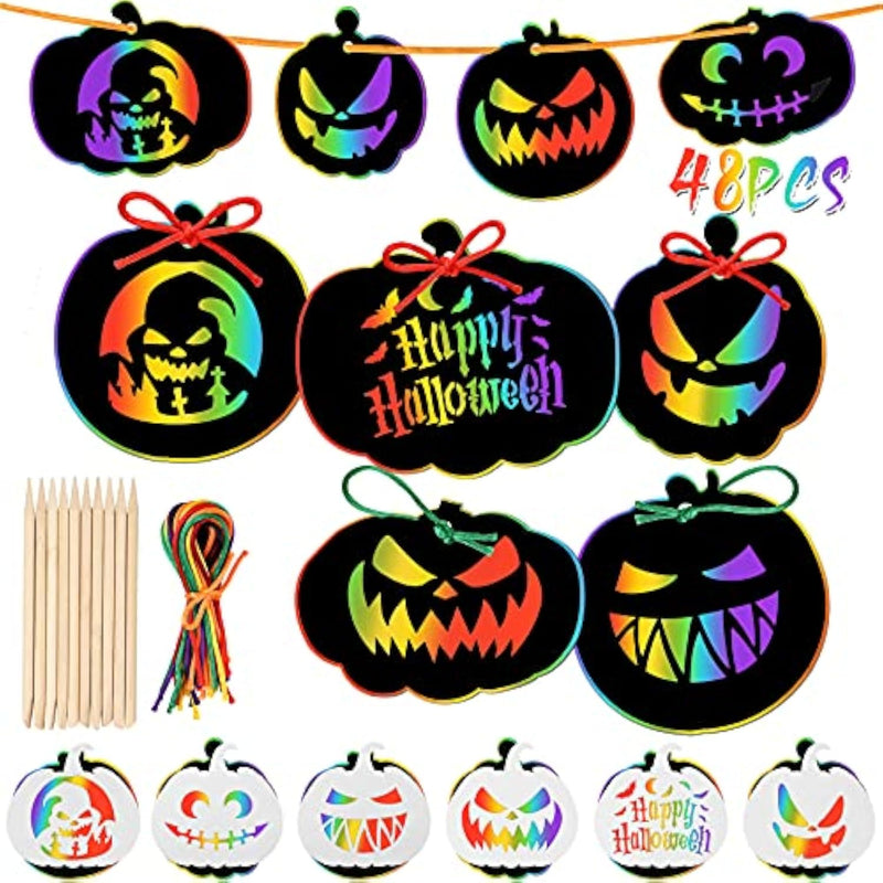 48Pcs Halloween Scratch Art Kit for Kids, Pumpkin Crafts Bulk DIY