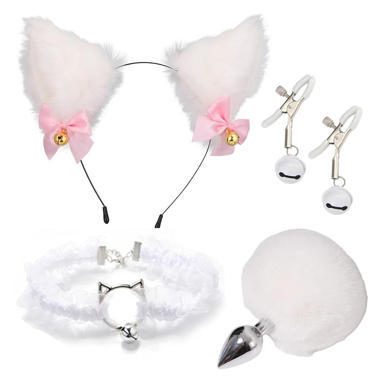 Foxtail Butt Plug Fox Tail Anal Plug With Tail Small Anal Bunny Tail Butt Plug Faux Silver Fox Tail And Ear-Anal Stopper Tail Nipple Clamps And Collar For Sm Adult Games Or Cosplay