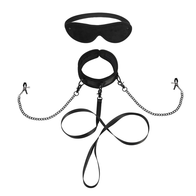 Faux Fur Bondage Collar Leash Set With Nipple Clamps And Blindfold, For Adults Bdsm Play Sex Toys