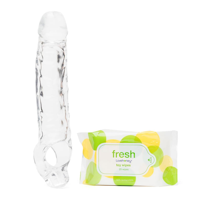 Mega Mighty Thick Penis Sleeve And Fresh Sex Toy & Body Wipes - Male Sex Toy Bundle