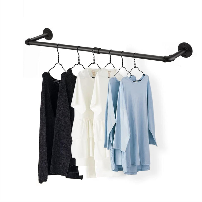 48” Wall Mounted Clothes Rack, Industrial Pipe Black Iron Garment Bar, Heavy-Dut