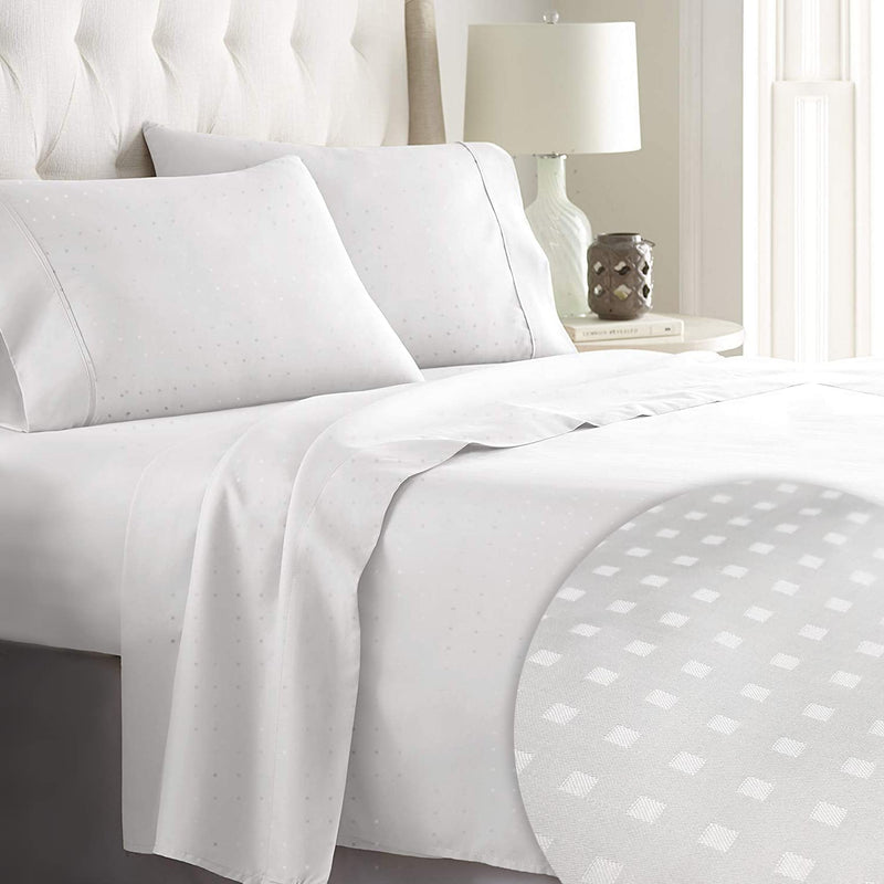 600 Thread Count Dobby-Dots Cotton-Sheets For Queen-Size-Bed White, 4Pc 100% L