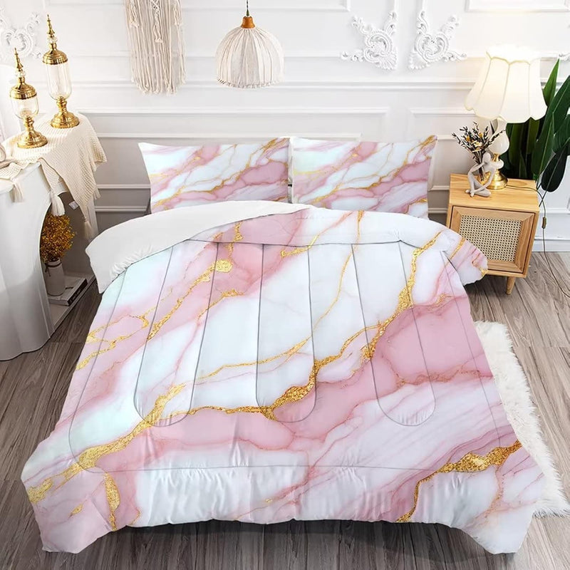 Pale Pink Marble Bedding Sets Twin Size Gold Glitter Chic Comforter Set For Gi