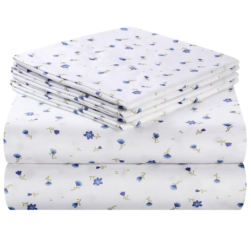 Floral Blossom Printed Sheets(Blue, Queen Size), 4 Pillowcases Crisp Microfibe