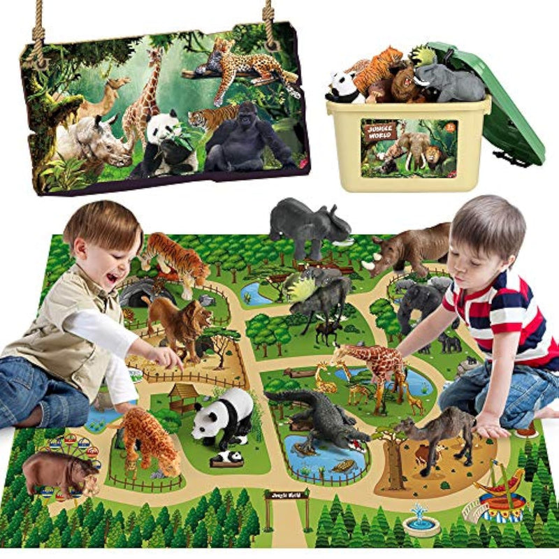 12 Pcs Safari Animals Figures Toys W/ 57X38.6’’ Large Activity Play Mat, Realistic Jumbo Jungle Wild Zoo Animals Figurines Playset W/Elephant, Giraffe, Lion For Kids Boys