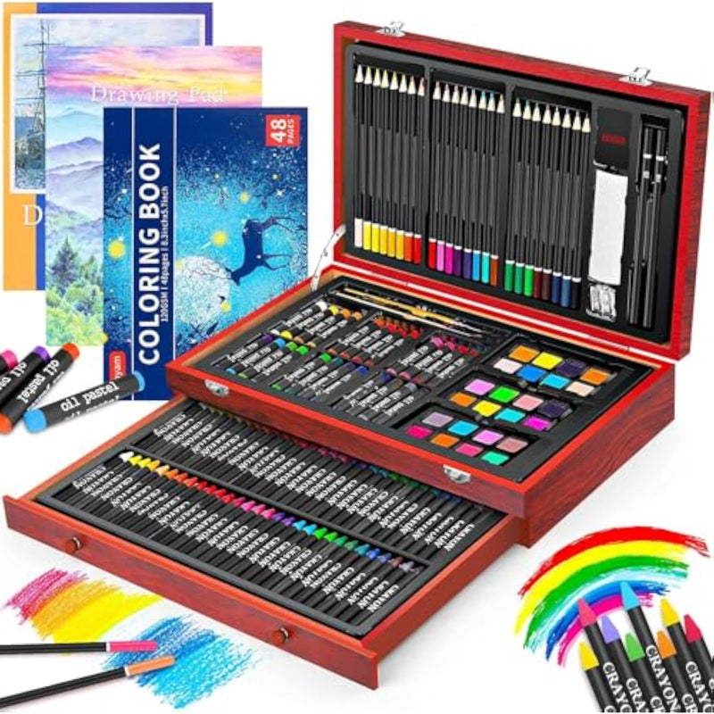 150-Piece Deluxe Art Set with Wooden Case, Coloring Book & Sketch Pads