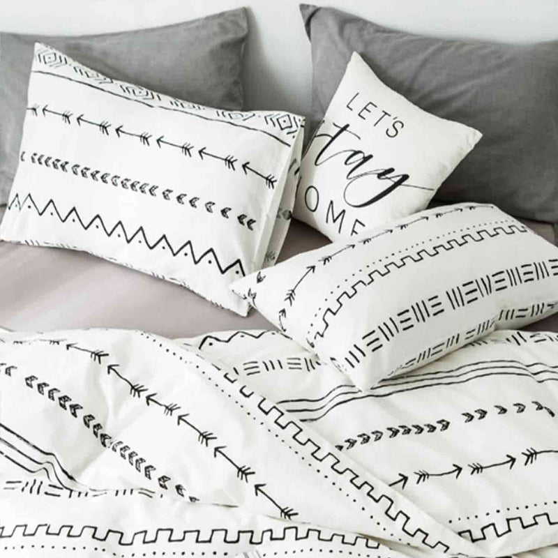 Boho Bed Pillow Cases Set (2 Pack), Bohemian White And Black Geometric Stripe