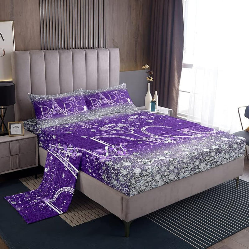 Paris Glitter Print (No Glitter) Diamond Bling Shiny Sheet Set Eiffel Tower Gr