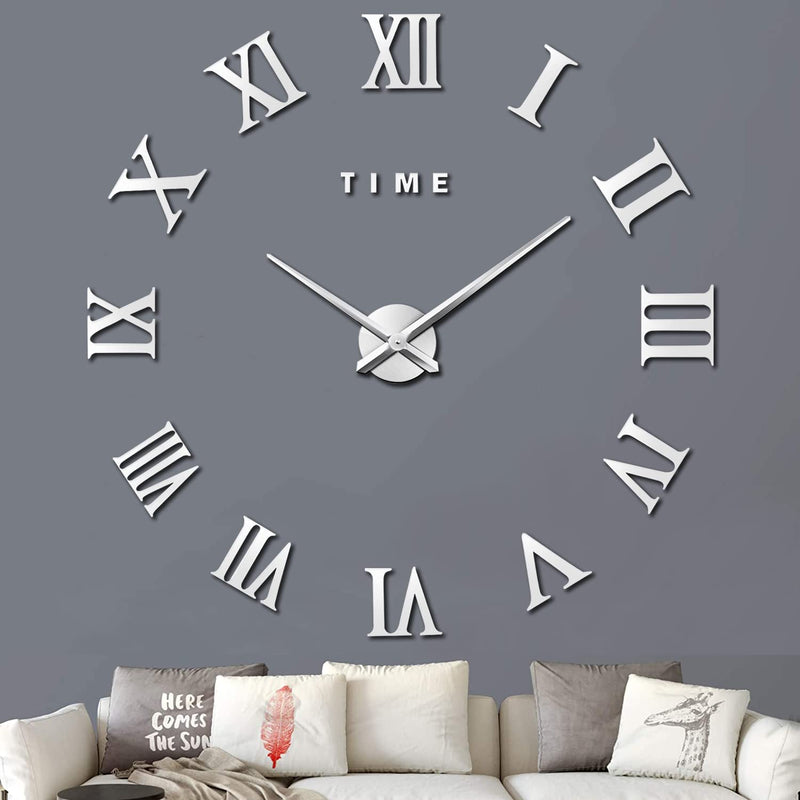 Large 3D Diy Wall Clock, Giant Roman Numerals Clock Frameless Mirror Sticker W