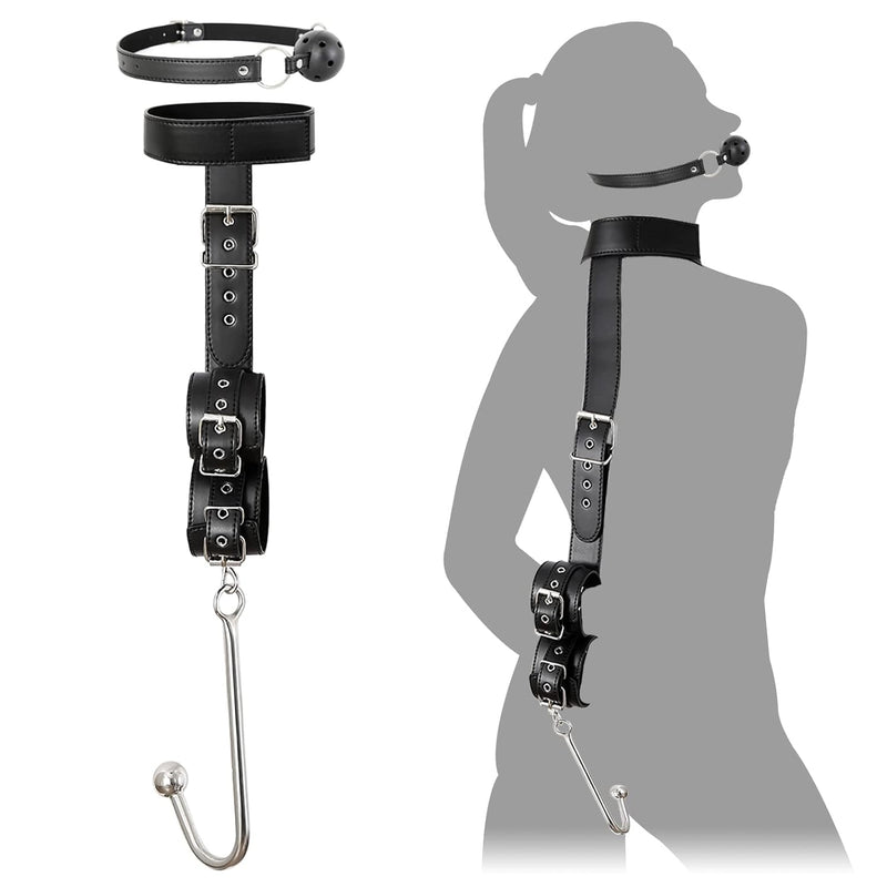 Anal Hook Sex Bondage Bdsm Kit With Ball Gag, Slave Leather Neck To Wrist Bondage Restraints Kit, Anal Trainer With Collar Back Handcuffs Harness Strap Sm Game Play Toys For Couple