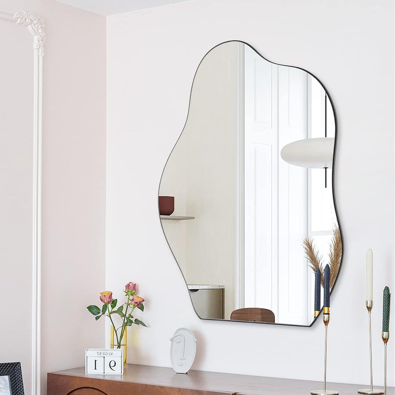 Asymmetrical Mirror, 20 X 28 Inches Irregular Wall Mirror, Wood Frame Unique S
