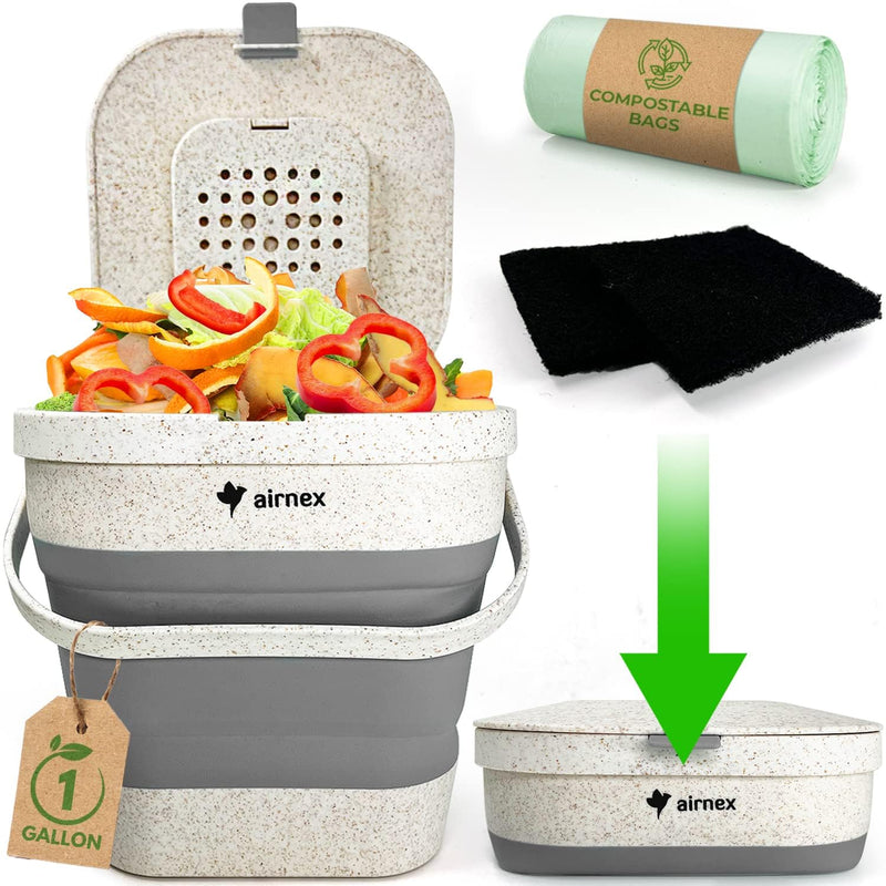 Collapsible Food Waste Bin With Lid - 1 Gallon Food Waste Caddy For Kitchen Made