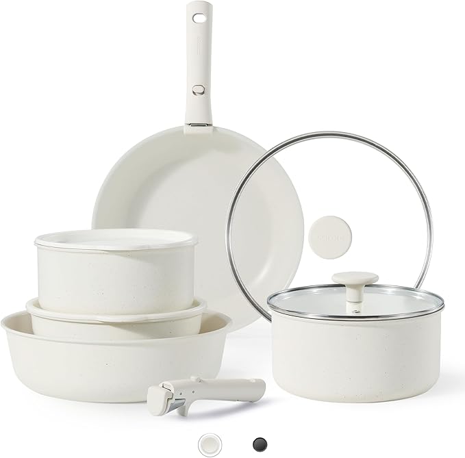 Pots and Pans Set Non Stick, Cookware Sets, Kitchen Set, Oven/Fridge Safe, Space Saving Pots Set, Nonstick Cooking Set with Versatile Detachable Handle, Induction RV Set, Cream White