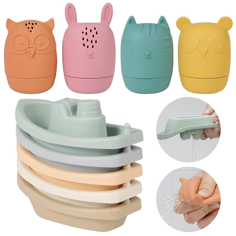 Bath Toys Floating Boats With Silicone Bath Toys,9Pcs Mold Free Baby Bath T