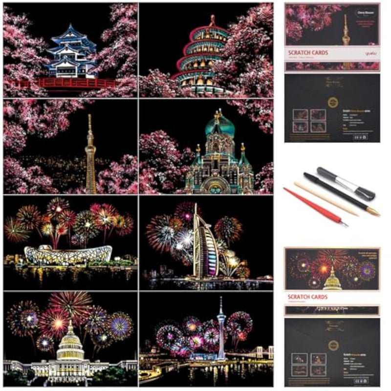 City Landmarks Scratch Art Kit, 8 A4 Sheets, DIY Foil Engraving Craft Set