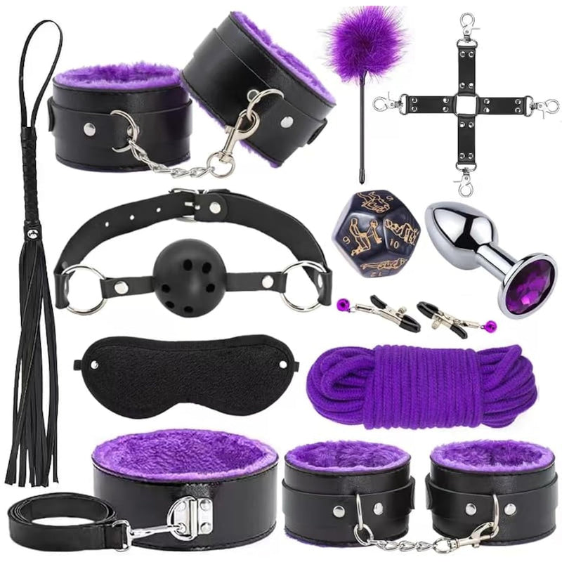 Sex Bondage Bdsm Kit Restraints - Upgrade 12Pcs Sets With Adjustable Handcuffs Collar Ankle Cuff Blindfold Feather Tickler Anal Plug Adult Games Sex Toys For Men Women Couples Purple