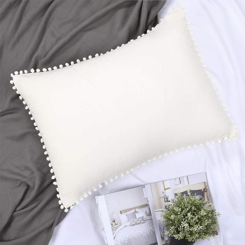Ivory Boho Pillow Shams King Set Of 2 Pom Fringed Pillow Case Cream Beige Boho