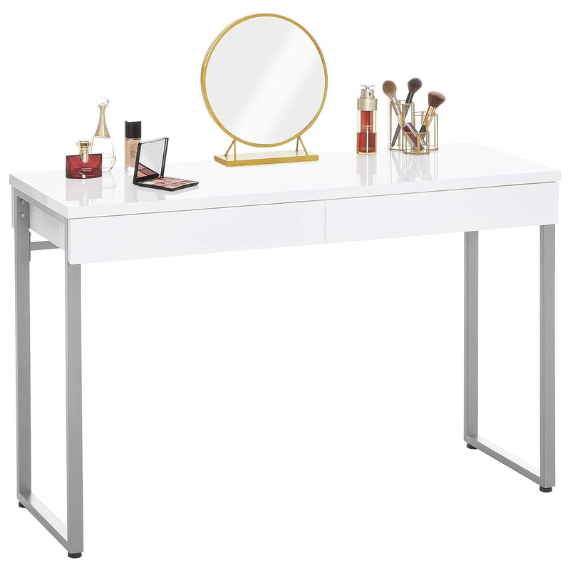 Vanity Desk With 2 Drawers Glossy White 47 Inch Modern Home Office Computer Wr