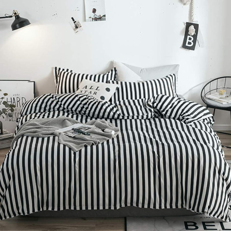 White And Black Striped Comforter Set Full/Queen Soft Durable Striated Bedding