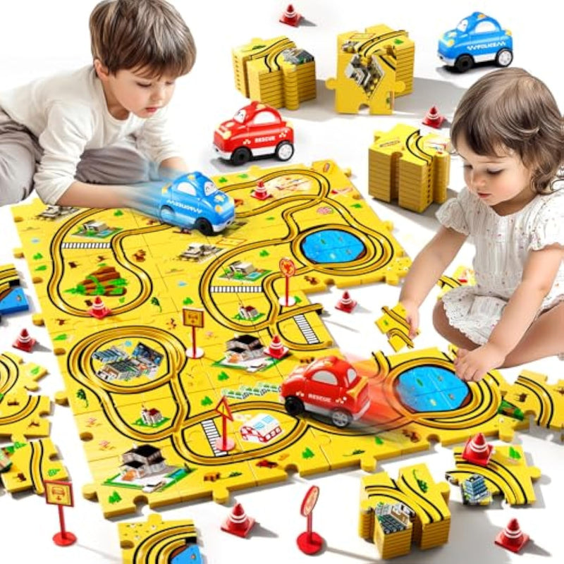 56Pcs Puzzle Race Car Track Set Toys For Kids, Floor Puzzle Tracks Car Gifts For 3 4 5 Year Old Boys Kids, Toys Gifts For 3 4 5 Year Old Boys, Puzzle Racer Set For Ages 3-5 4-6