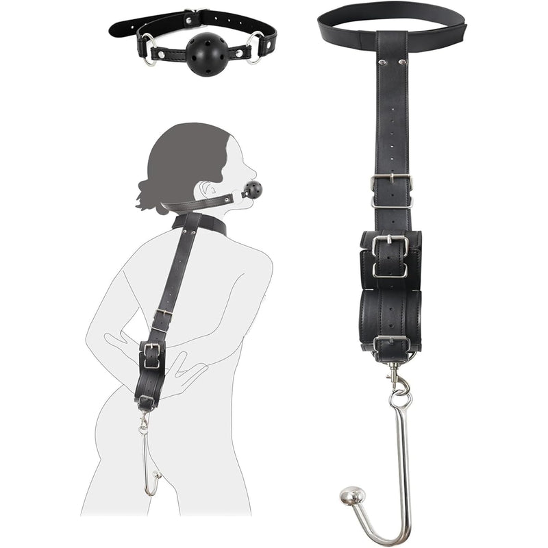 Bdsm Anal Hook With Ball Gag, 2 In 1 Leather Sex Bondage Set Anal Trainer With Collar, Handcuffs & Adjustable Strap, Restraints Kit Role Play Butt Plug Fetish Slave Sm Adult Sex Toys Unisex