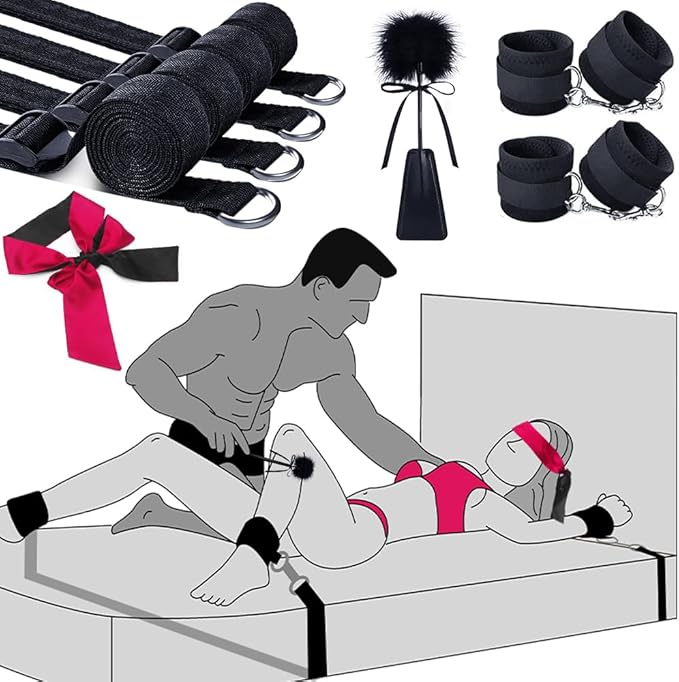 Adjustable 75" BDSM Bondage Kit – Bed Restraints, Cuffs, Blindfold & Tickler Set