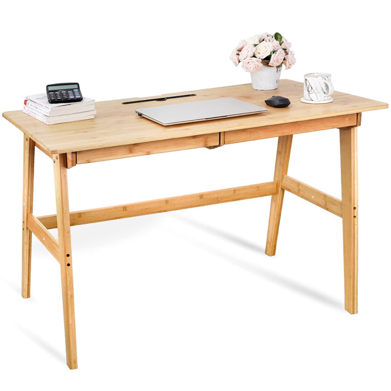 Computer Desk With 2 Drawers, 46" Solid Bamboo Home Office Writing Desk For Sm