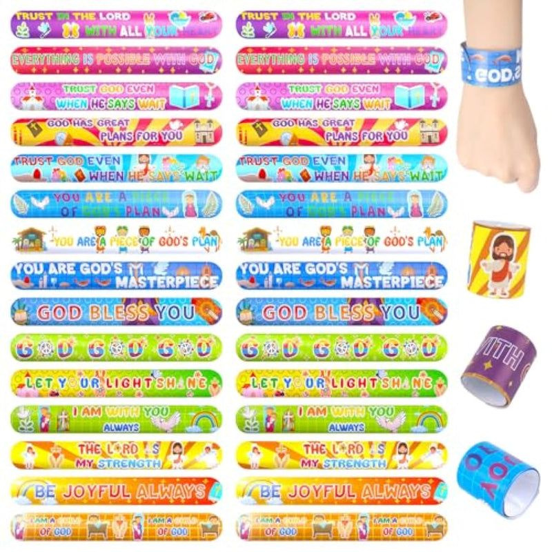 48Pcs Christian Snap Bracelets, Bible Verses Religious Slap Wristbands Slap Bracelets For Kids Sunday School Gifts Classroom Prizes
