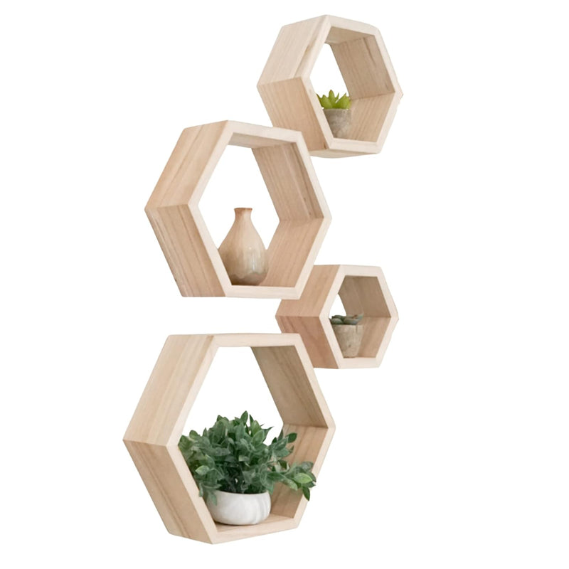 Hexagon Shelves Natural Wood Floating Shelves Set Of 4 Wall Shelf For Bedroom,