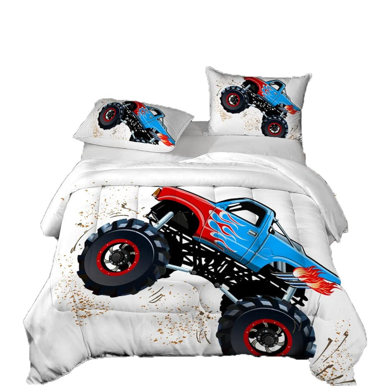 3D Cartoon Monster Trucks Queen Comforter Set, Blue Gallop Monster Trucks All