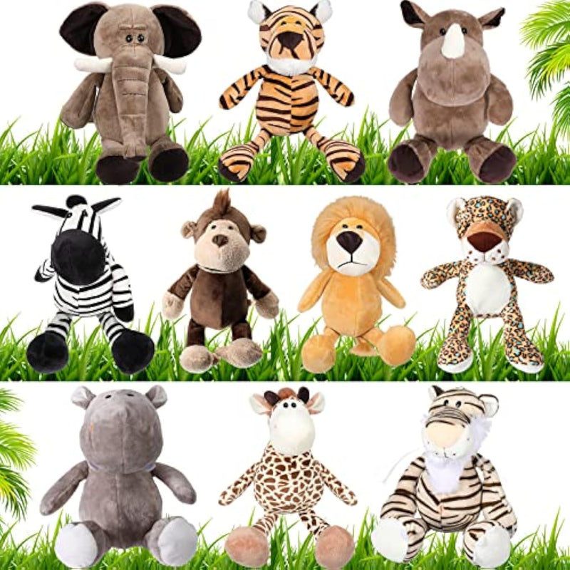 10 Pieces 10 Inches Plush Safari Stuffed Animals Toy Set For Girls And Boys Elephant Giraffe Lion Tiger Monkey Rhinoceros Zebra Leopard Hippo For Baby Shower Jungle Animal