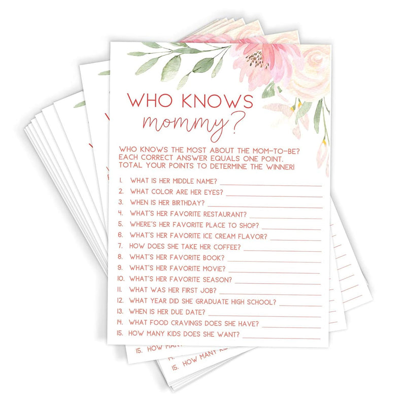Baby Shower Game, Who Knows Mommy Best, Floral, 50 Cards