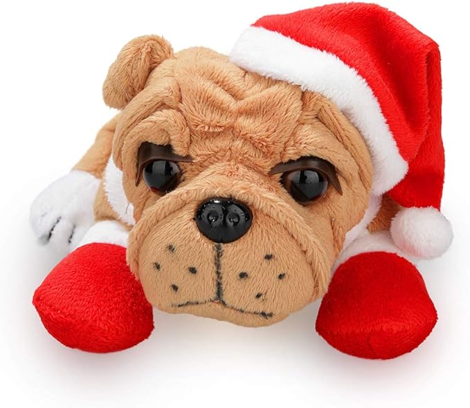 Plushland Christmas Themed Plush Stuffed Bulldog Toy Puppy 8 Inches with Red Santa Hat and Gloves, for Kids, Boys and Girls (Brown)