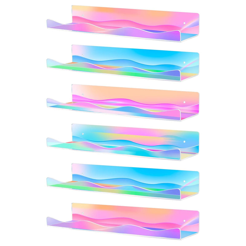 6 Pack Iridescent Acrylic Floating Shelves, 15.7" Clear Acrylic Display Shelve
