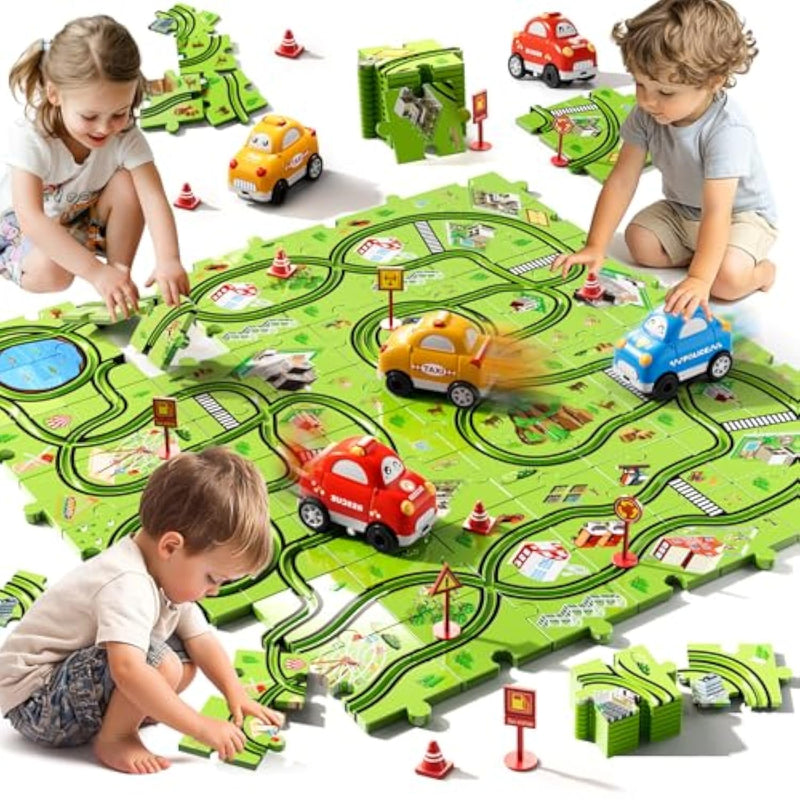 64Pcs Puzzle Track Car Set Toys For Kids Boys, Toddler Toys Gifts For 3 4 5 Year Old, Floor Puzzle Tracks Car For Boys Ages 3-5 4-6, For 3 4 5 6 Year Old