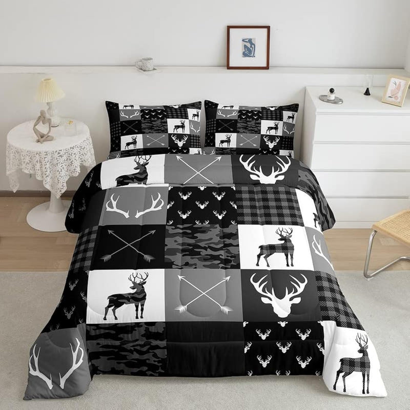 Deer Silhouette Comforter Set Queen Size,Camo Western Rustic Farmhouse Xmas Be