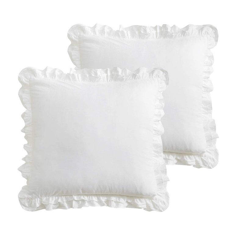 2 Pack Shabby Creamy White Ruffled Euro Shams, Washed Cotton 26X26 Inches Farm