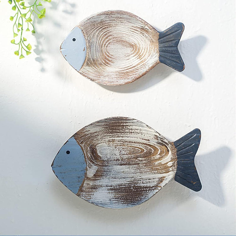 2Pcs Wood Fish Nautical Beach Wall Decor, Wooden Hanging Coastal Wall Art Deco