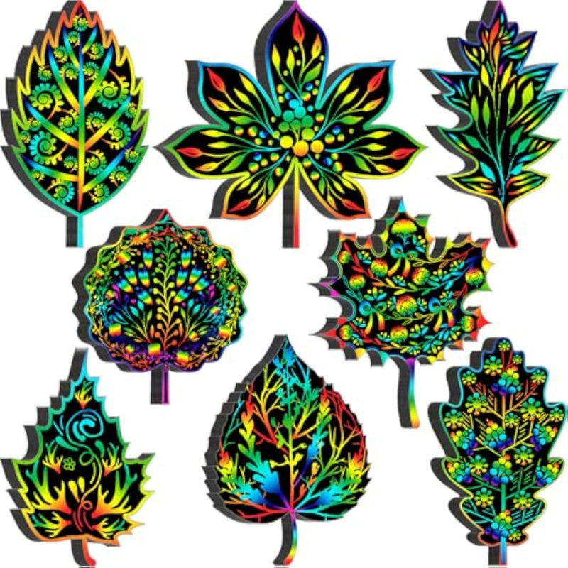 80 Pcs Fall Leaf Scratch Card Rainbow Fall Tree Ornaments for Home Decor and Party Use