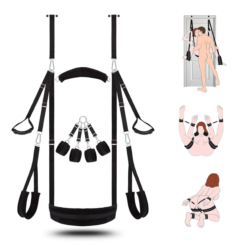 Sex Swing Bdsm Bondage Restraints Kit- 2 In 1 Door Swing & Sex Restraints Wrist & Thigh Ankle Restraint Cuffs Neck To Leg Sex Toy W/Handcuffs & Leg Straps Adult Sex Toys CouplesBlack Sm Sets