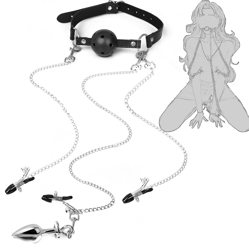 Sex Bondage Bdsm Bondaged Restraints Set Sex Toy With Breathable Ball Gag Nipple Clamp Clitoris Clip & Analplug Included Adults Sm Games Sex Toys For Couples